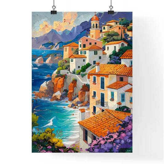 Vibrant Mediterranean Seascape Painting in Pointillism: Shimmering Waves and Picturesque Cliffside Town Poster