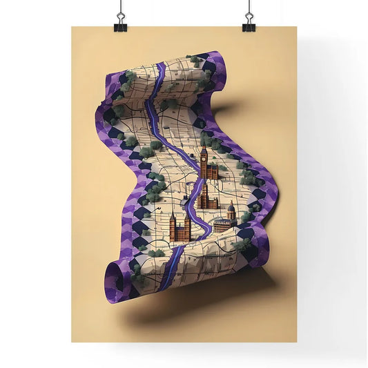 Isometric Purple-Hued Paper City Map with Checkered Pattern and Clip Poster