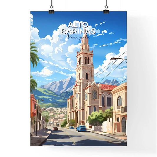 Vibrant Artistic Cityscape Painting: Alto Barinas Venezuela Skyline with Church Steeple and Palm Trees Default Title