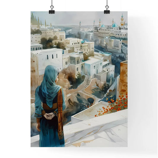 Modern Cityscape Painting: Urban Architecture, Marble Structures, Floral Garden, Figurative Woman, Terraced Landscapes Poster