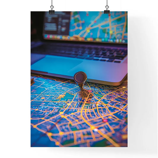 City Map and Laptop Digital Painting Poster