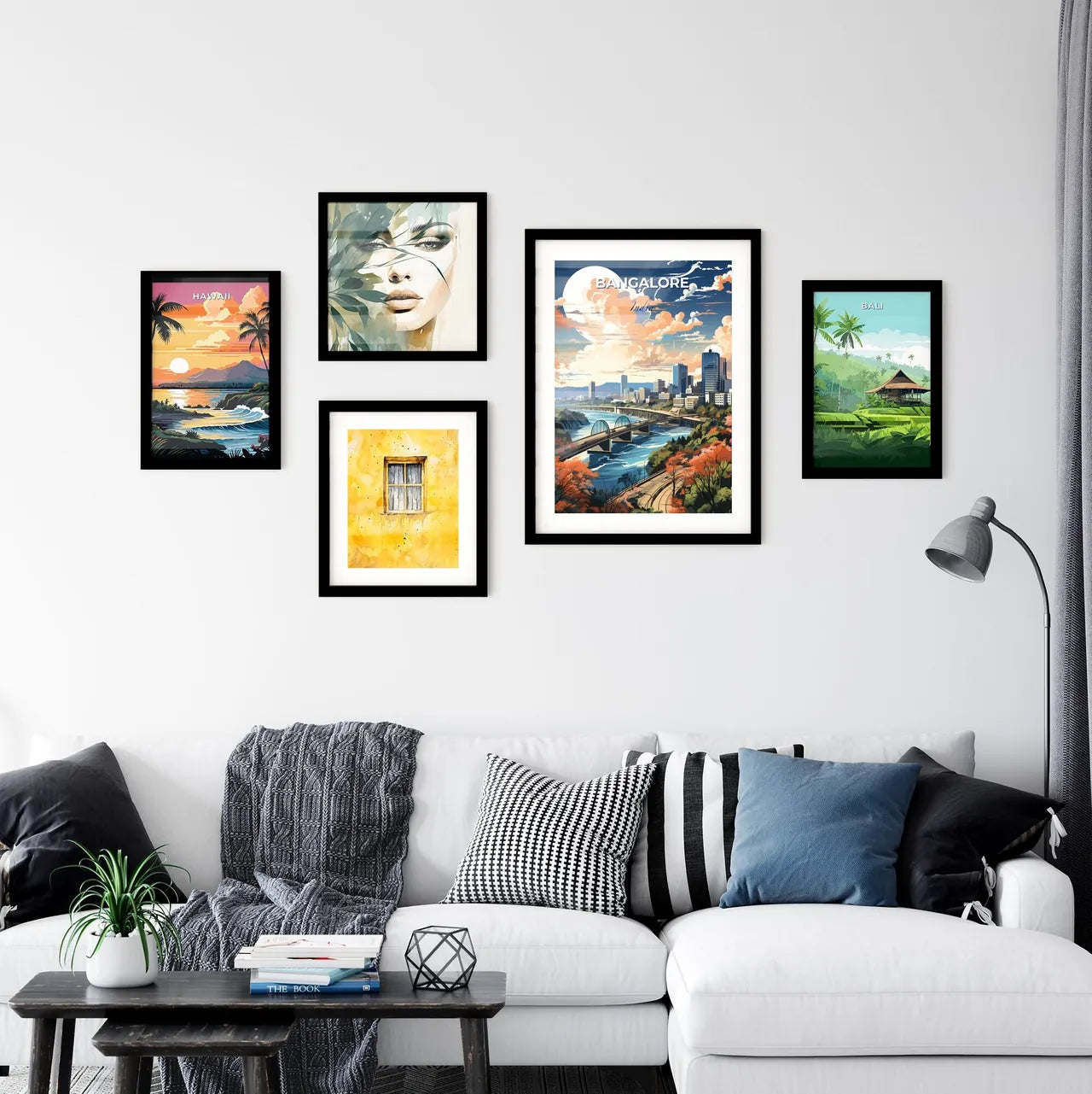 Vibrant cityscape painting of Bangalore India skyline with bridge over river, trees and cityscape background Default Title
