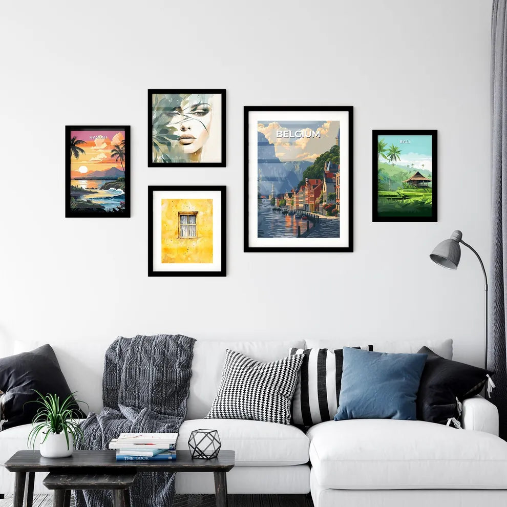 Belgian Waterfront Cityscape Painting Depicting River with Boats and Buildings Interior Design