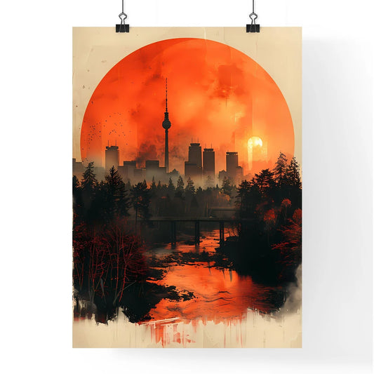 Vibrant Minimalist Cityscape Painting: Striking Skyline with Red Moon, Digital Collage Poster