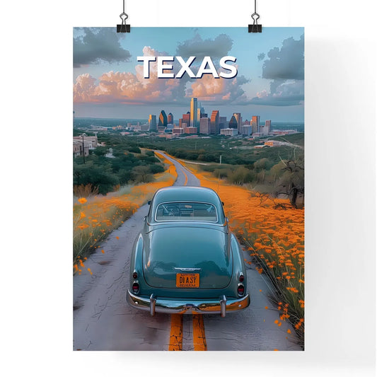 Grunge painting of a car on a road with orange flowers in Texas, USA, with a city in the background Poster