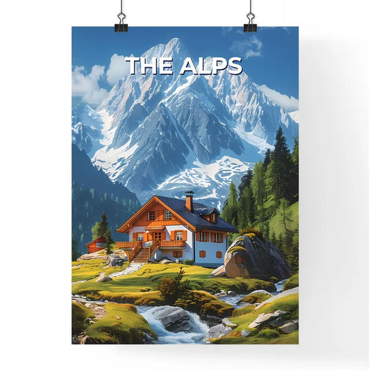 Artfully Captivating Alpine Landscape: A House Amidst Mountain Majesty Poster