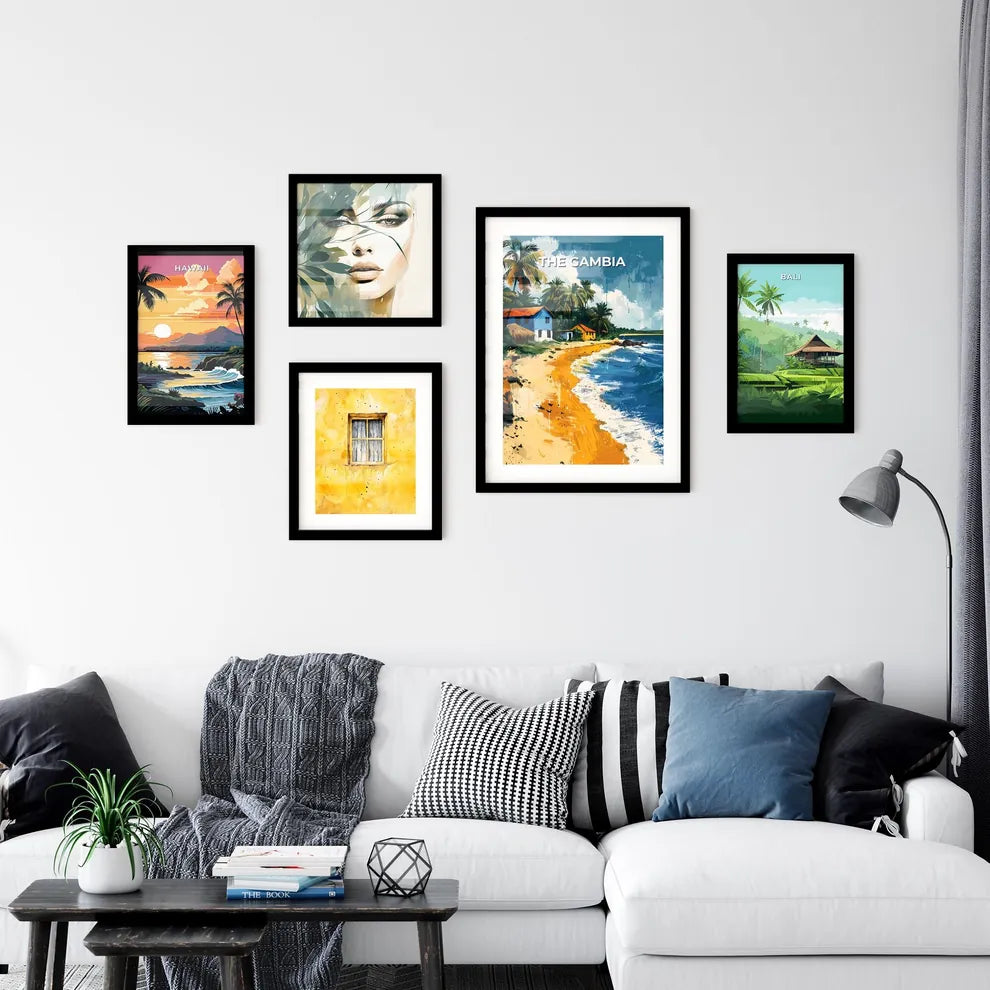 Vibrant African Art: The Gambia Beach Scene with Houses and Palm Trees Interior Design