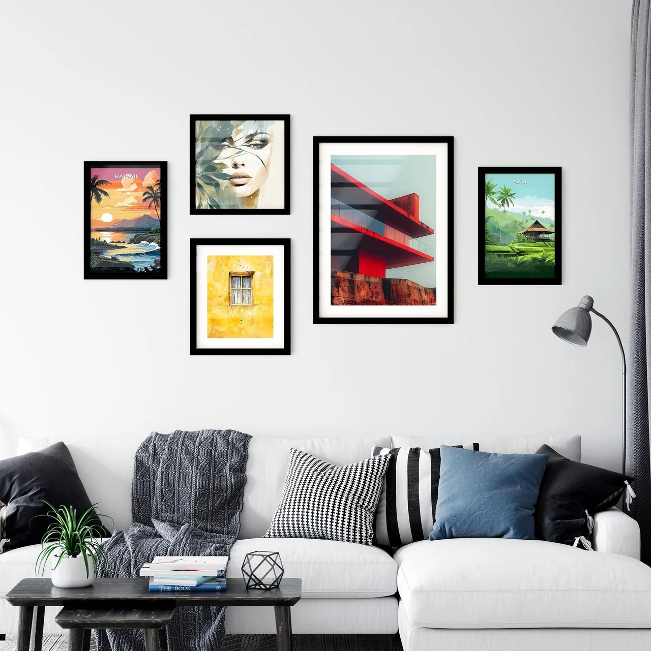 Minimalist Fine Art Architecture Painting Focus on Red Rooftop with Balcony Vibrant Pantone Color Interior Design