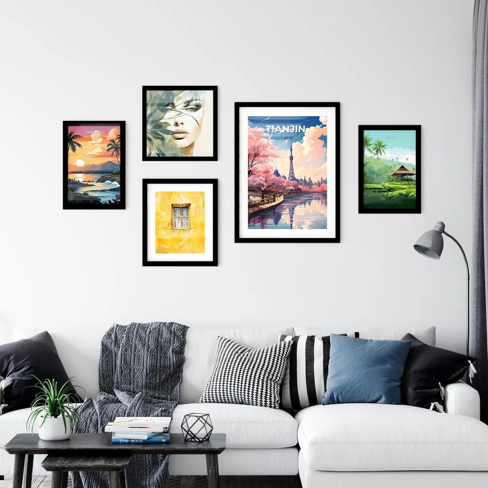 Tianjin China Skyline Canal Painting Pink Trees Tower Cityscape Vibrant Art Default Title