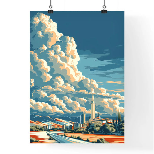 Minimalist Skyline of Albania: Vintage Travel Poster Featuring Vibrant Painting of Cityscapes and Cloud Formations Poster