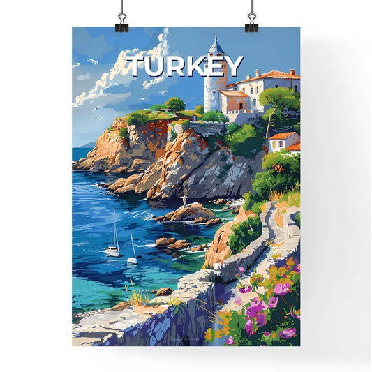 Vibrant Painting of a Coastal House Perched on a Cliff by the Water, Turkey, Europe Poster