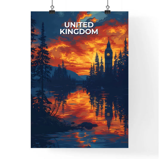 Colorful Sunset Over Serene Lake with Clock Poster