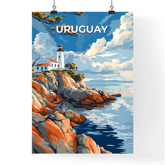 Vibrant Artistic Uruguay South American Lighthouse Rocky Cliff Painting Poster
