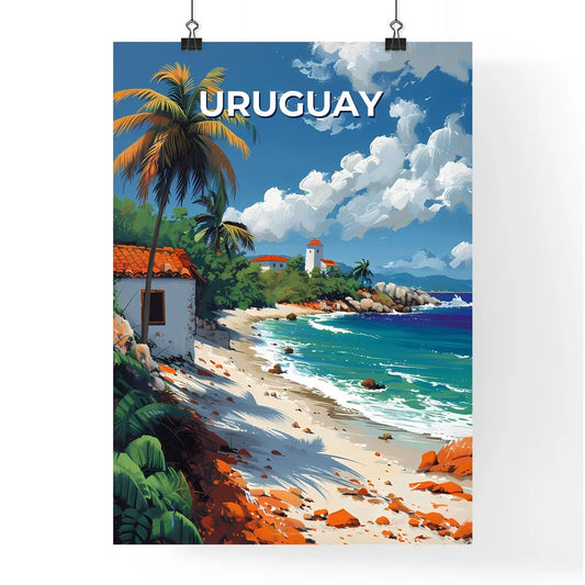 Artistic Beach in Uruguay, South America: Vibrant Painting with Palm Trees and Buildings Poster