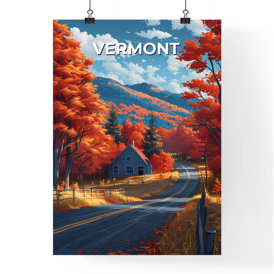 Vibrant Painting of Vermont House on Road with Orange Trees Poster