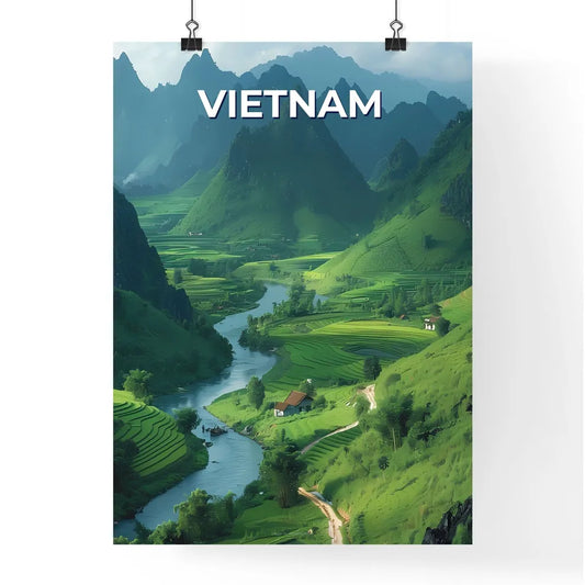 Tranquil River Flows Through Lush Valley in Poster