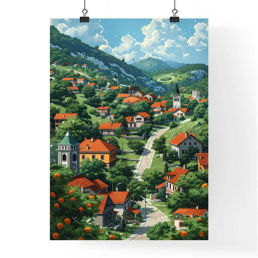 Serbian Village Landscape: Painted Art Depiction of Town with Trees and Buildings Poster
