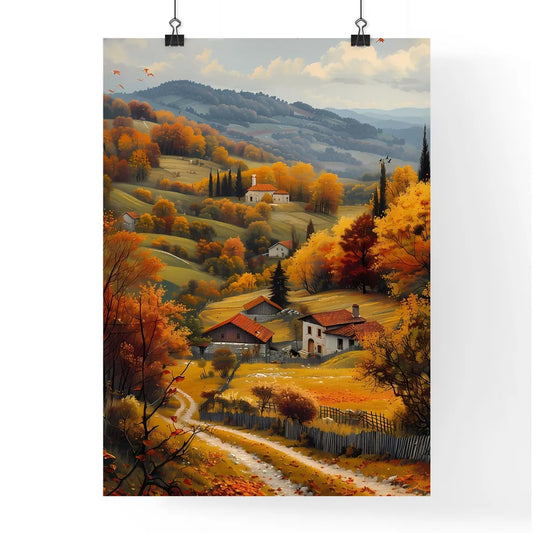 Vibrant Village Landscape Isometric Painting Serbia Art Valley Houses Trees Poster