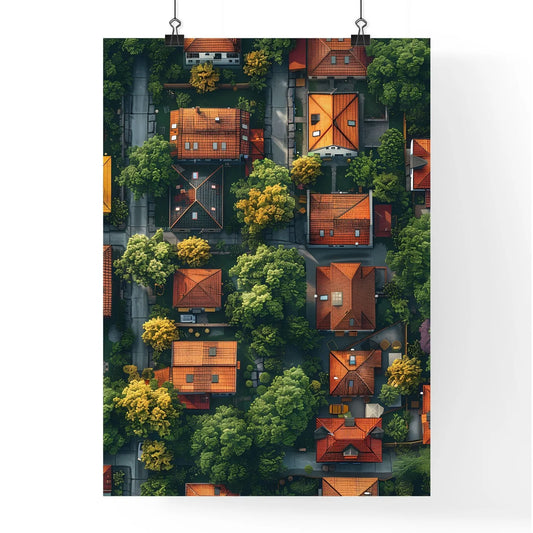 Vibrant Isometric Village Landscape: Aerial Art of Serene Neighborhood with Houses and Trees Poster