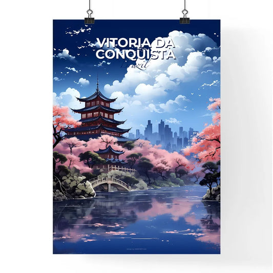 Vibrant Painting Depicting Vitoria da Conquista Skyline with Pagoda and Bridge amidst Pink Trees Default Title