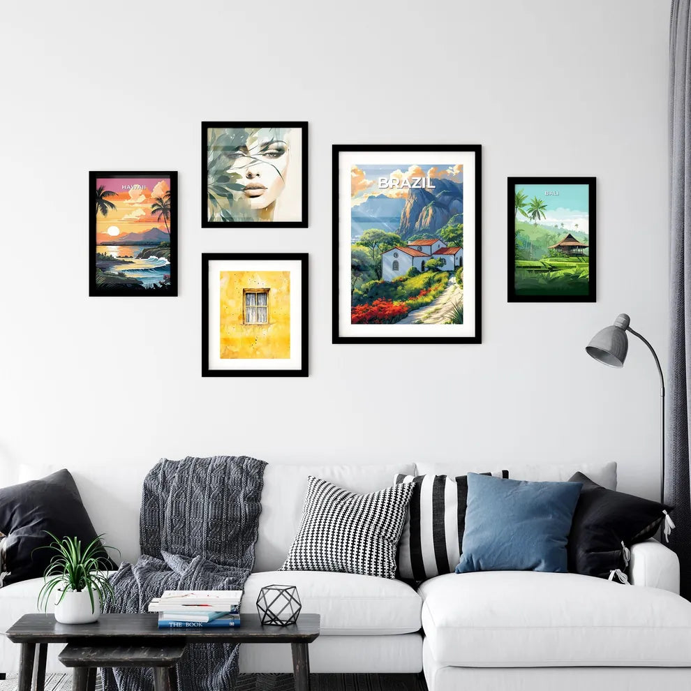 Vibrant Art Painting of a House in a Brazilian Forest with Mountain Landscape Interior Design