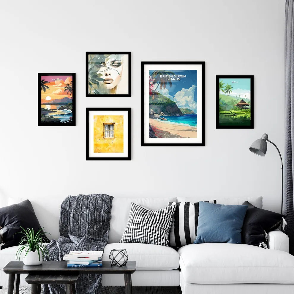Vibrant Art of Beach with Palm Trees and Bod Wall Art