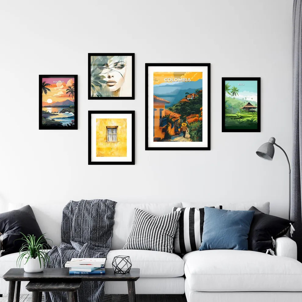 Colombia, South America - Person on path in vibrant orange cityscape with mountain backdrop, painting Interior Design