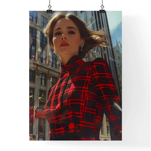 Street fashion color photo featuring a woman in a red and black dress, shot in New York with a 50mm lens at F2, showcasing intricate details in a realistic and painterly style with low contrast lighting and motion blur Poster