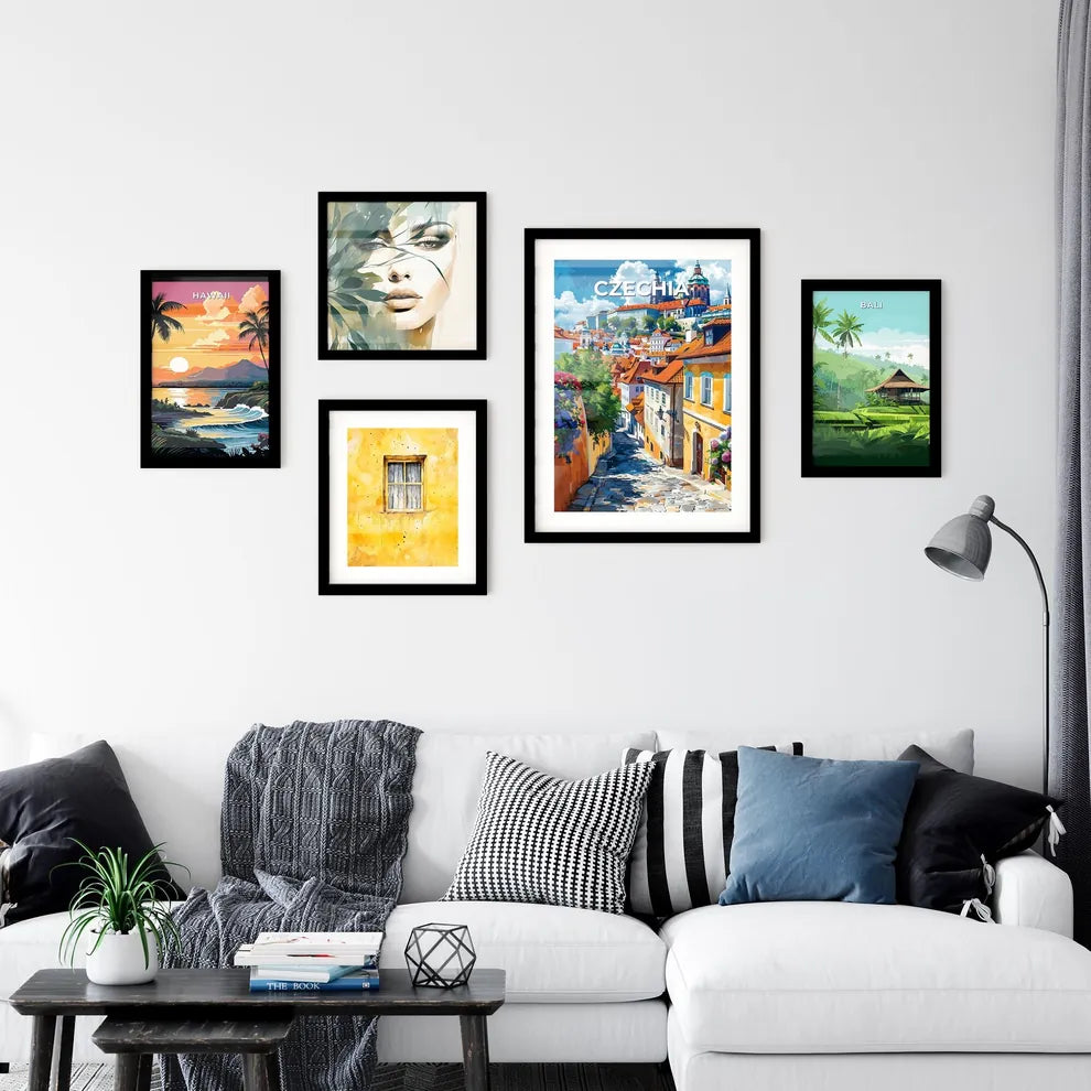 Artistic Cityscape Painting: European Street with Colorful Buildings and Vibrant Flowers Interior Design