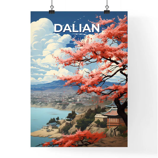 Dalian Cityscape Artistic Painting: Vibrant Skyline with Pink Blossoming Tree on Hillside Overlooking Water Default Title