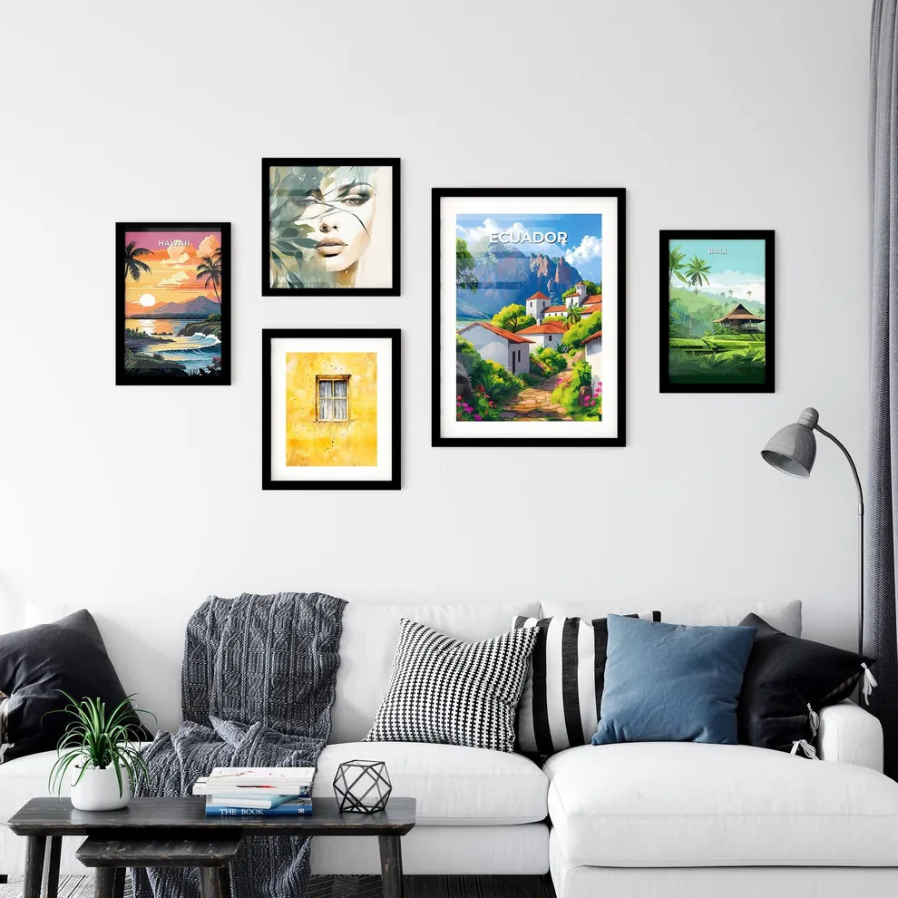 Vibrant Ecuadorian Landscape Painting: Colorful Village Nestled Amidst Mountains and Lush Greenery Interior Design