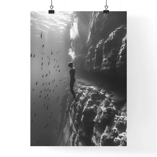 Artistic underwater painting portrait of a free diver in vibrant colors Poster