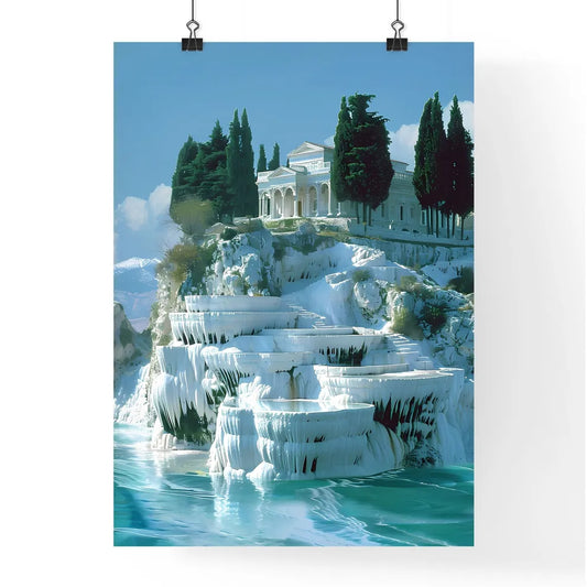 Majestic Travertine Landscape of Pamukkale with Hierapolis, Digital Painting, Building on Cliff, Trees, Transparent, Web Ready Poster