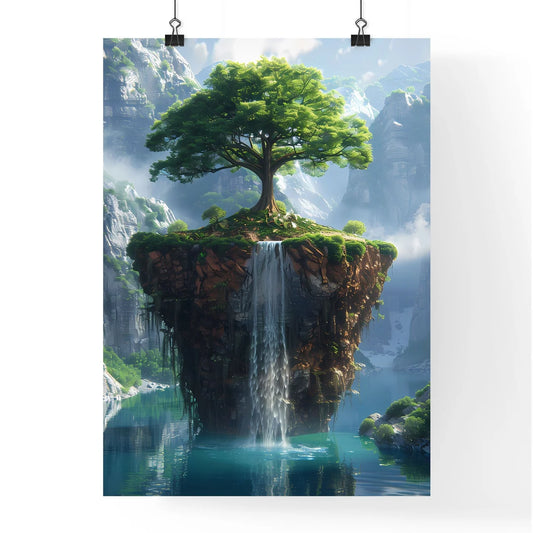 Vibrant Art Print of Enchanted Floating Miniature Island with Tree Poster