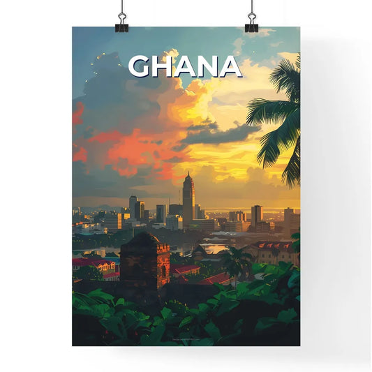 Artistic City Scene, Ghana, Africa: Palm Trees Under Cloudy Sky, Vibrant Painting Focus Poster