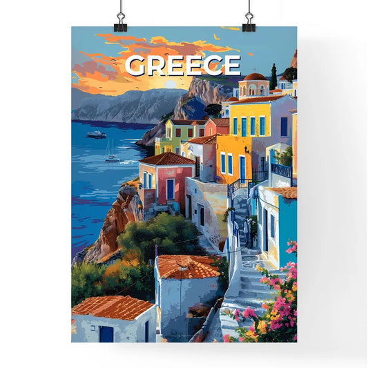 Colorful Cliffside Houses Artwork, Greece, Europe, Art, Painting, Abstract Poster