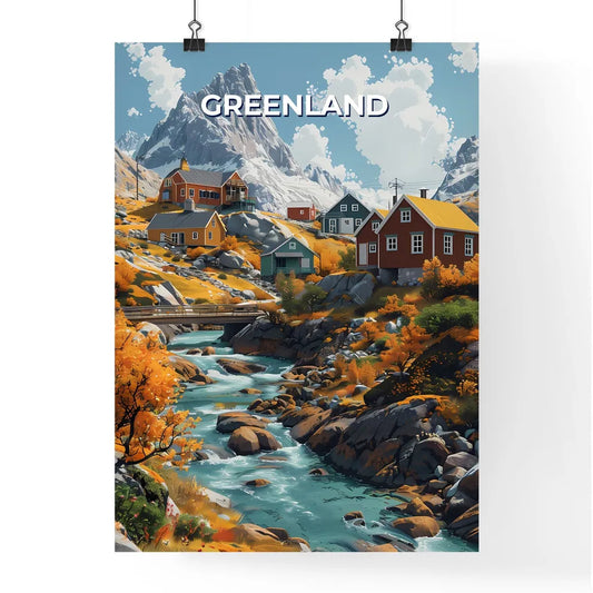 Artful Valley Scene: Colorful Painting Depicting River, Houses, and Mountains Poster