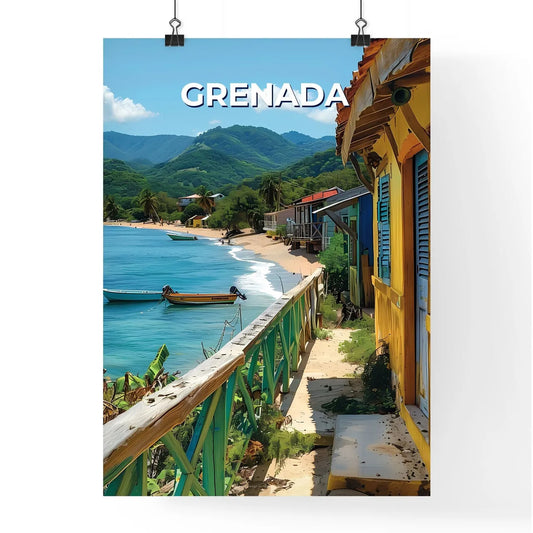 Colorful Beach Scene in Grenada, North America: Picturesque Homes and Boats in an Artistic Style Poster