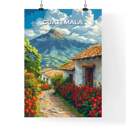 Vibrant Guatemalan Painting: Floral Path with Mountain Vista Poster