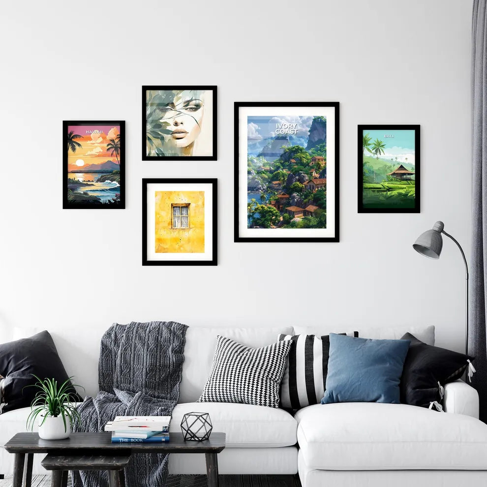 Vibrant Ivory Coast Village Landscape Painting in African Mountains and Water Interior Design