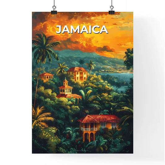 Vibrant Tropical Landscape Artwork: Jamaica, North America, Forest, Buildings, Trees, Art Poster