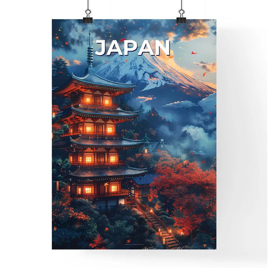 Art, Architecture, Asia, Artwork, Building, Cityscape, East Asia, Japan, Landscape, Modern, Mountain, Painting, Scenic, Skyline, Travel, Vibrant Poster
