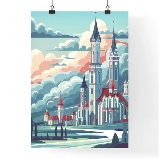 Nostalgic Austria Travel Poster: Minimalist Retro Skyline, Castle, Lake, Vintage Artwork, Painting, Artistic Poster