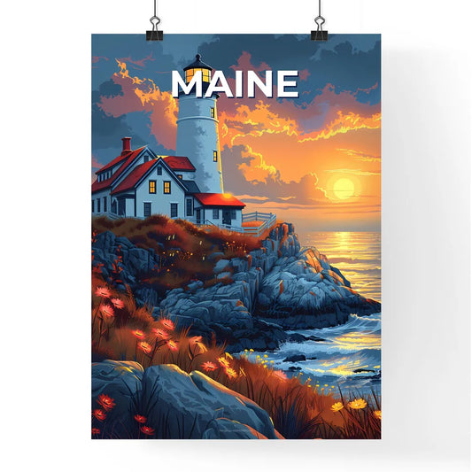 Lighthouse Painting on Rocky Cliff, Vibrant Artwork, Maine, USA Poster
