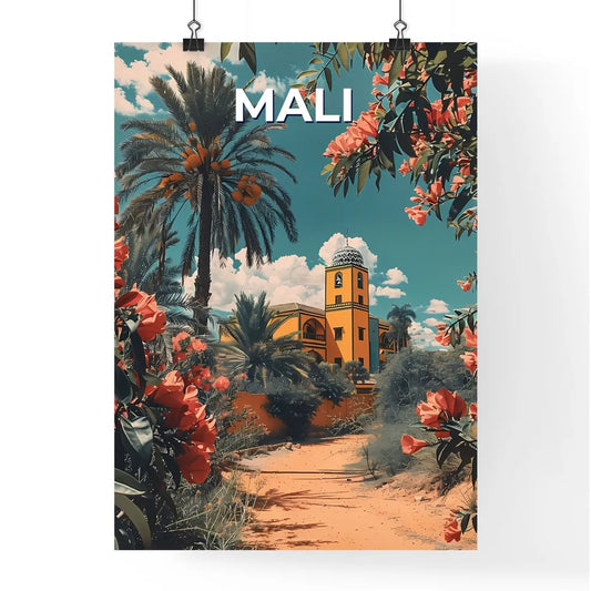 Mali, Africa Path Building Palm Trees Flowers Vibrant Painting Art Background Poster