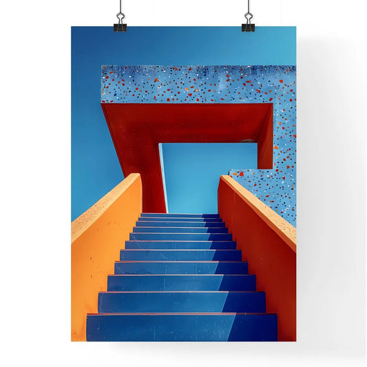 Blue and Orange Abstract Staircase Painting | Digital Art | Modern and Minimalist Wall Art Poster