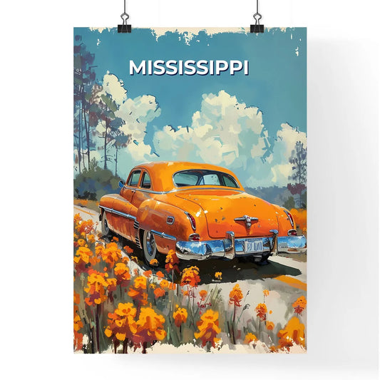Mississippi Highway Floral Painting, Vibrant Orange Car Amidst Blossoms Poster