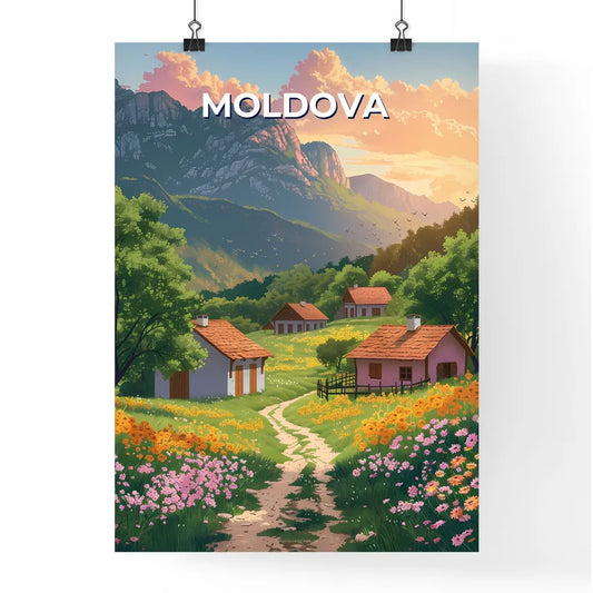 Moldova, Europe - A Vibrant Landscape Painting Adorned with Houses and Flowers, Emphasizing Artistic Expression Poster