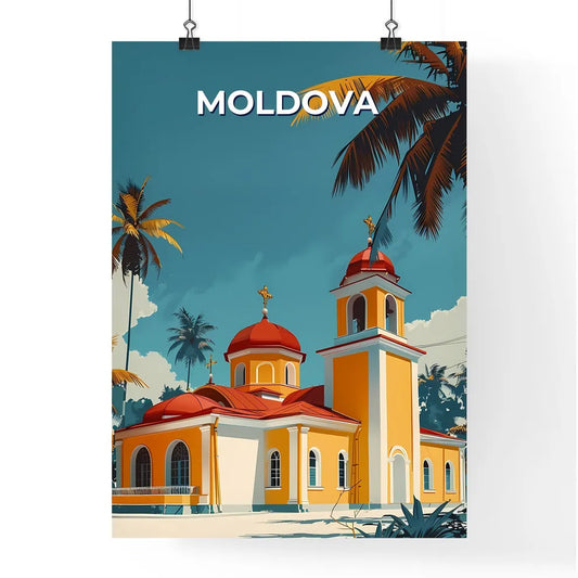 Vivid Ecclesiastical Art: Moldovan Church Painting with Palm Trees, European Architecture, Cultural Heritage, Travel Inspiration Poster
