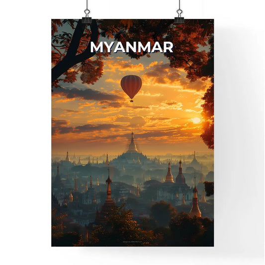 Colorful Hot Air Balloon Over Southeast Asian City Artwork Poster